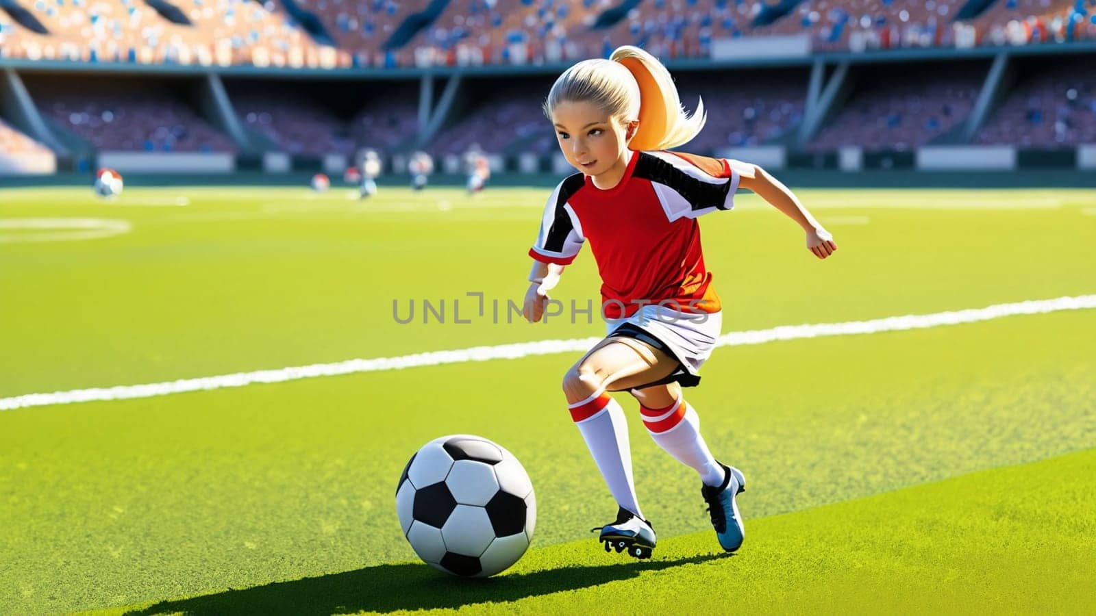 Eine junge Fussballspielerin in den Farben der deutschen Fussball national mannschaft spielt mit ihren Füssen einen Fussball. illustrationen im Cartoon Stil auf Sport stadions hintergrund für Kinder by Costin