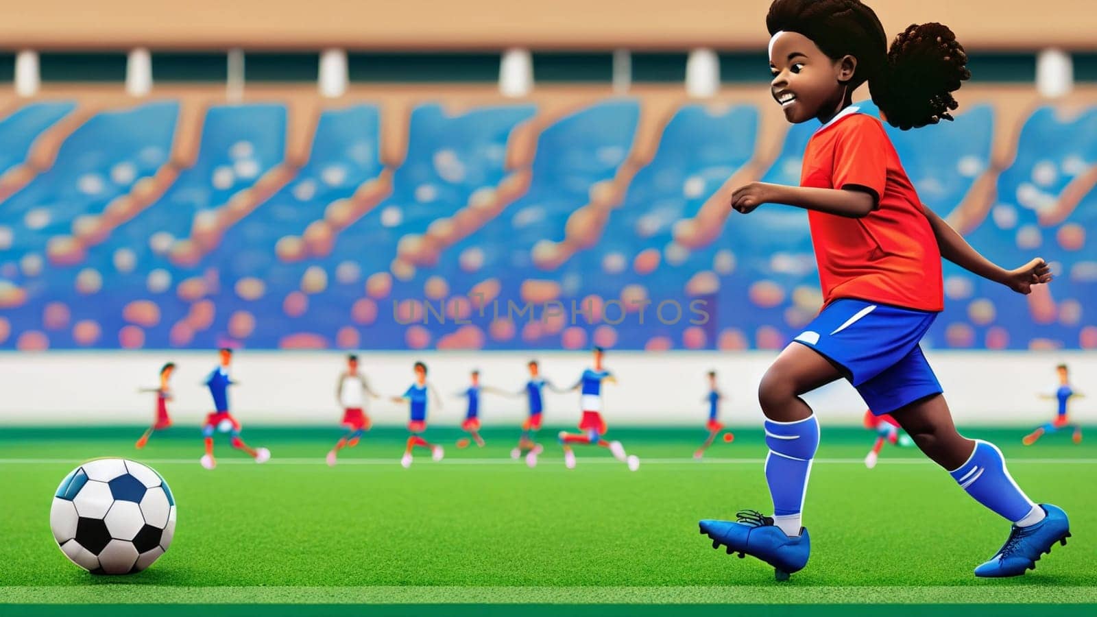 A young girl football player in colors of national spain football team plays with her feet a soccer ball. illustrations in cartoon style on sport stadium background for children by Costin