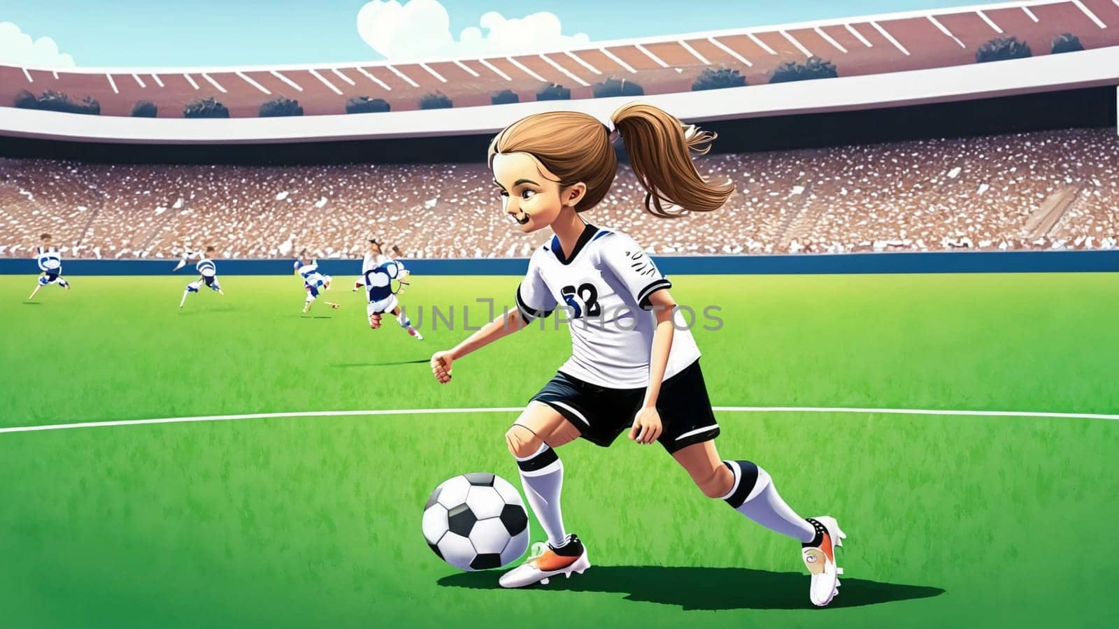 Eine junge Fussballspielerin in den Farben der deutschen Fussballnationalmannschaft spielt mit ihren Füssen einen Fussball. illustrationen im Cartoon Stil auf Sport stadions hintergrund für Kinder High quality illustration