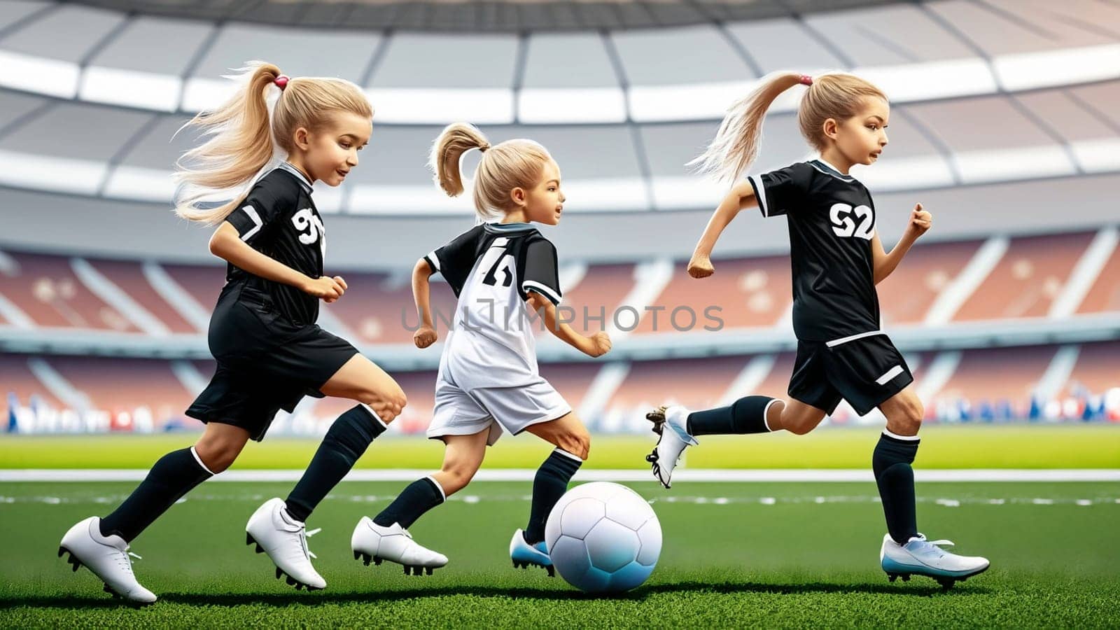 Eine junge Fussballspielerin in den Farben der deutschen Fussballnationalmannschaft spielt mit ihren Füssen einen Fussball. illustrationen im Cartoon Stil auf Sport stadions hintergrund für Kinder High quality illustration