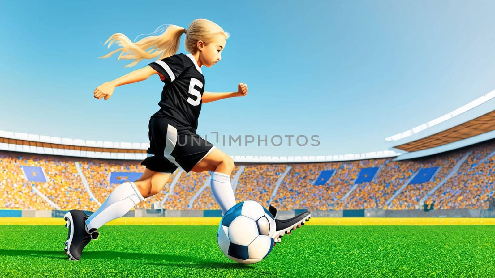 A young girl football player in colors of national germany football team plays with her feet a soccer ball. illustrations in cartoon style on sport stadium background for children by Costin