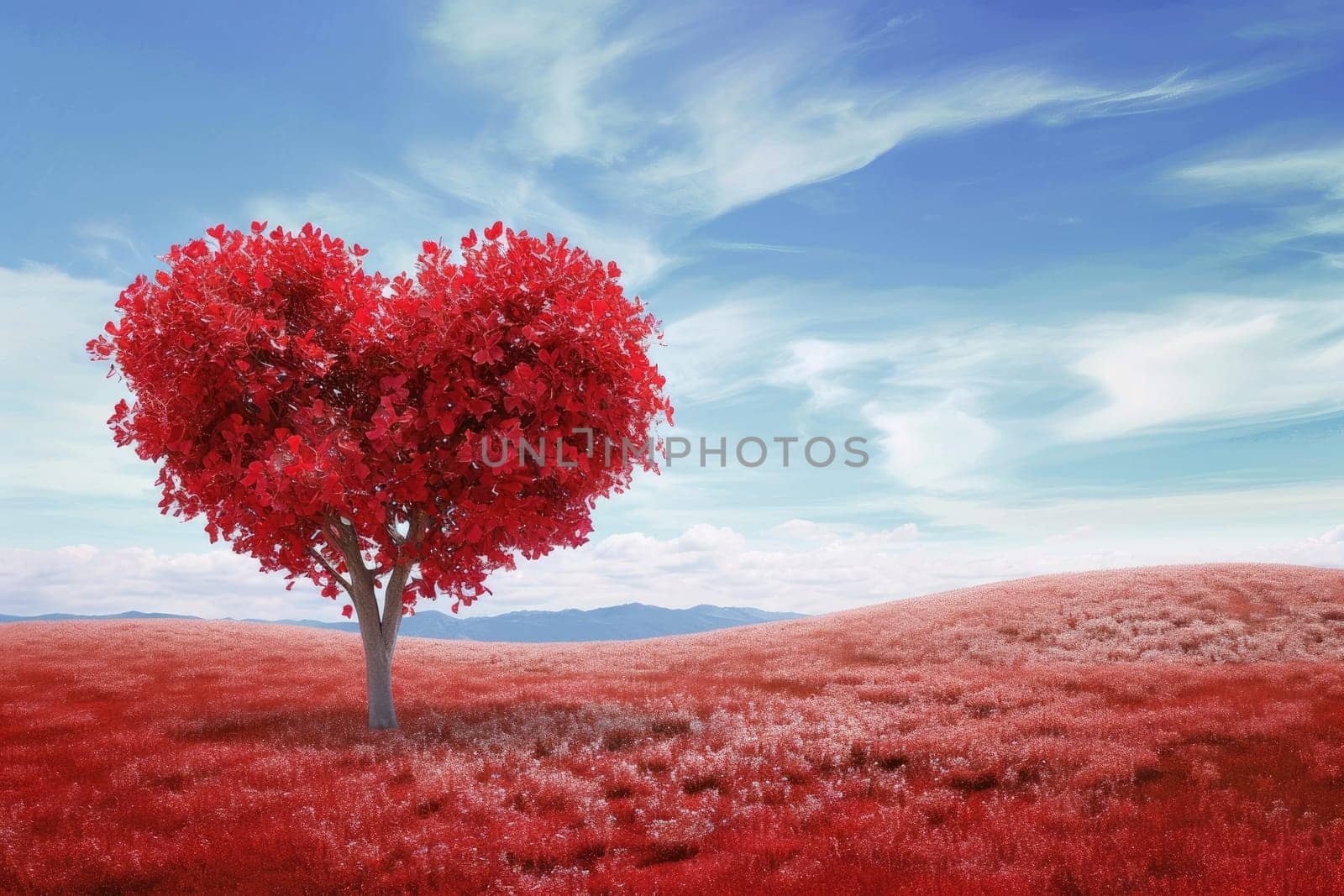 red tree of love in red flower field pragma