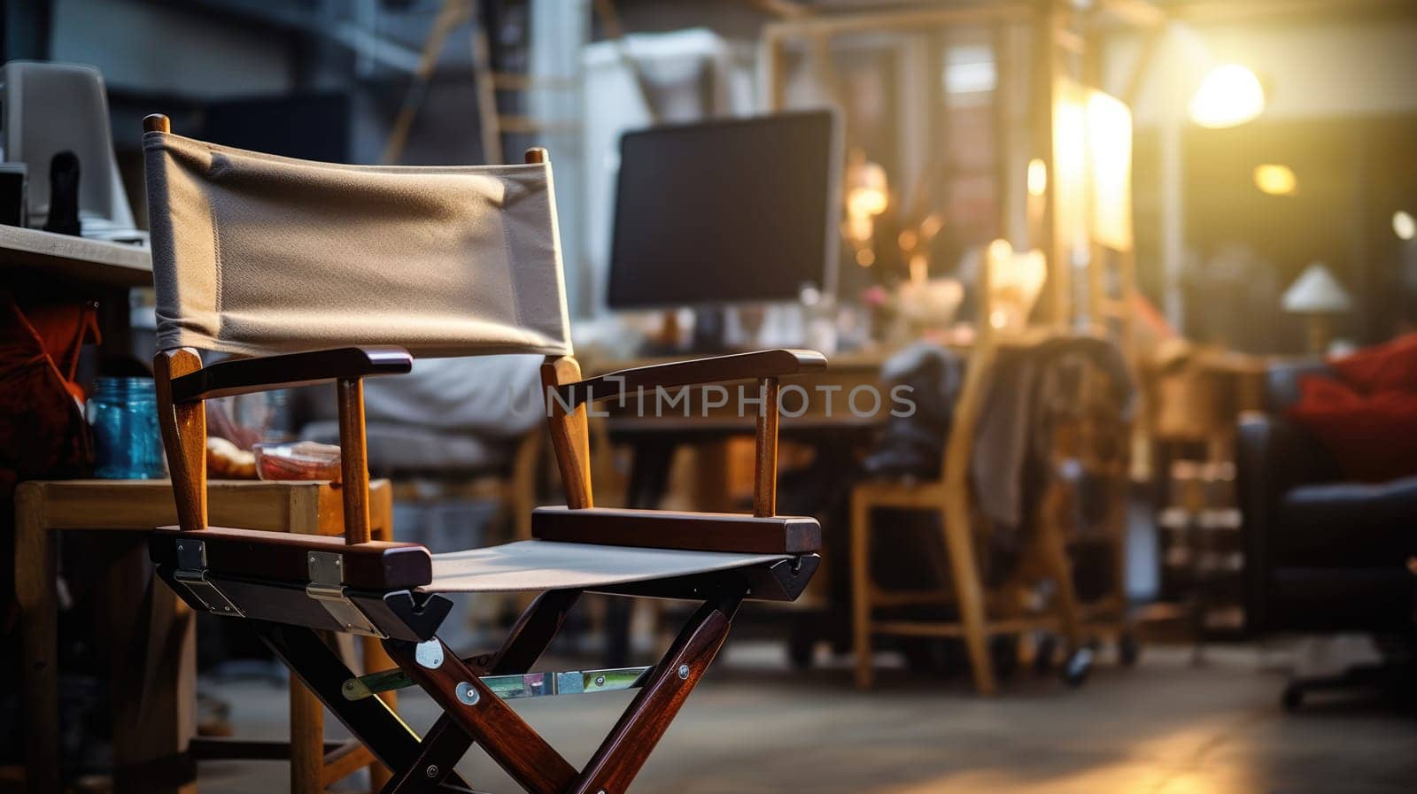 Director's chair, blurry film set in the background AI