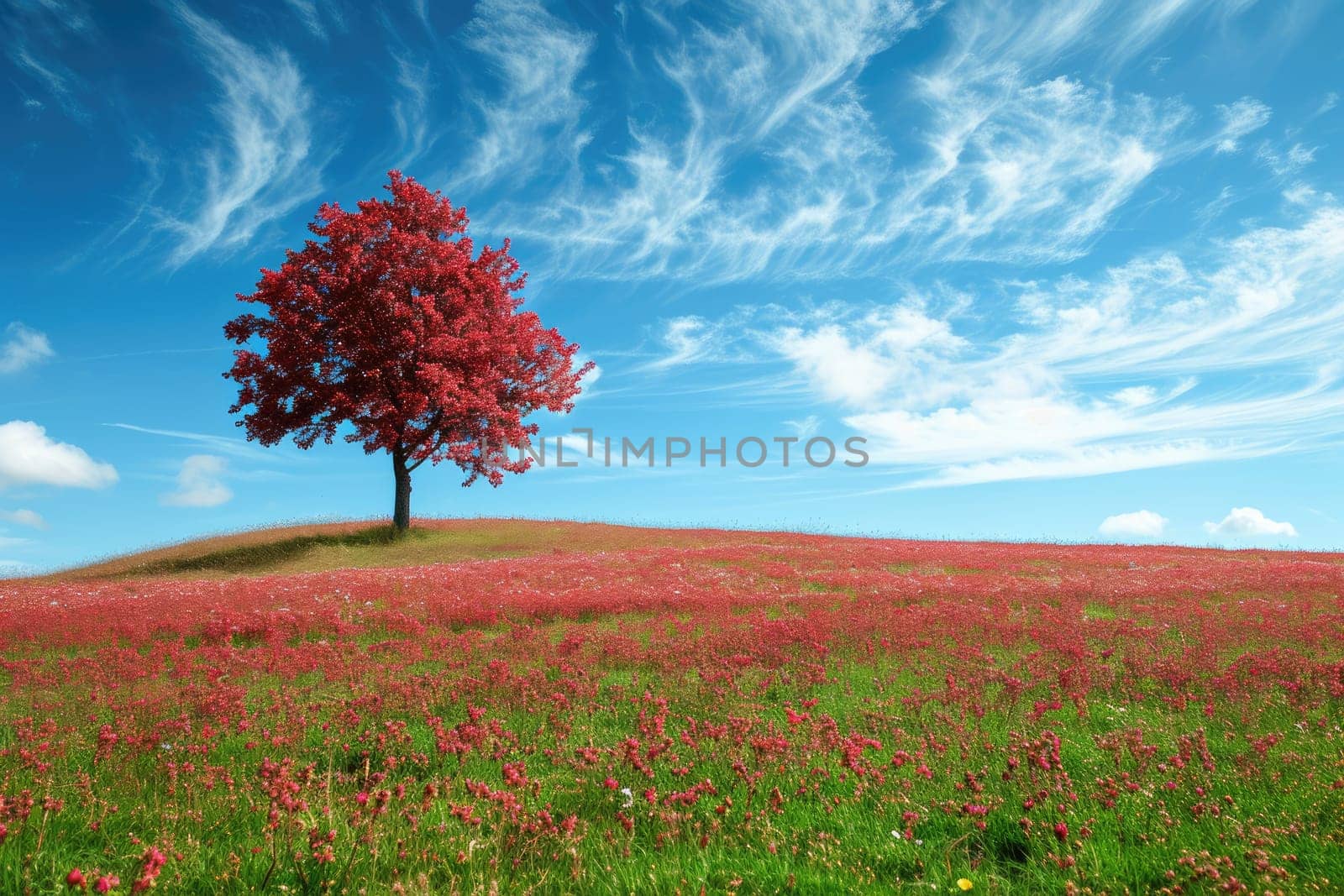 red tree of love in red flower field pragma