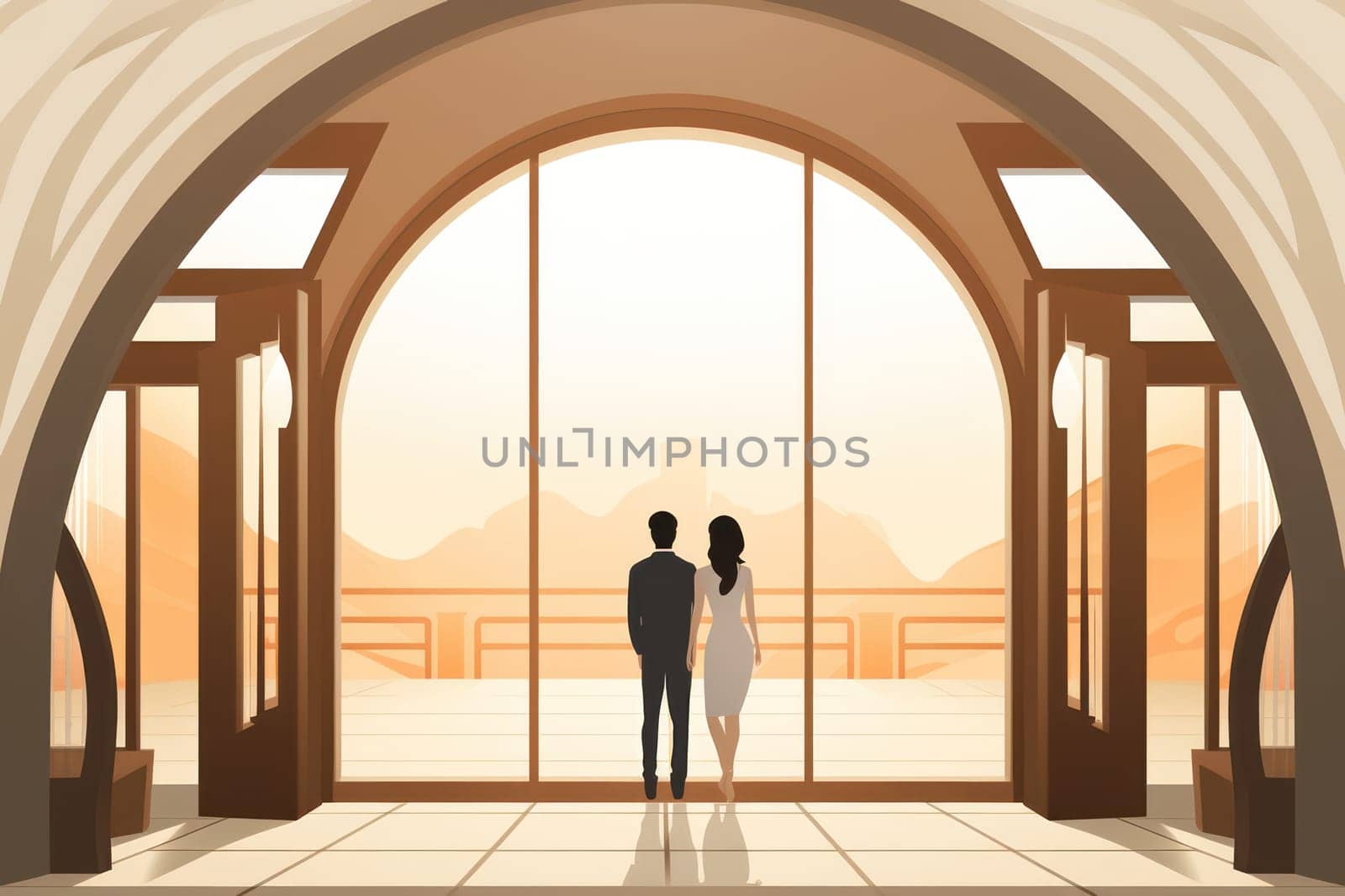 Romantic Office Celebration: A Happy Couple Exchanging Vows in a Modern Interior with Silhouette of Businesspeople in Background