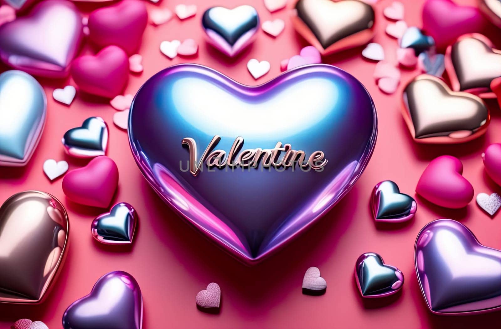 Pink background, purple and holographic symbol heart, abstract background. Valentine's day card. by Proxima13