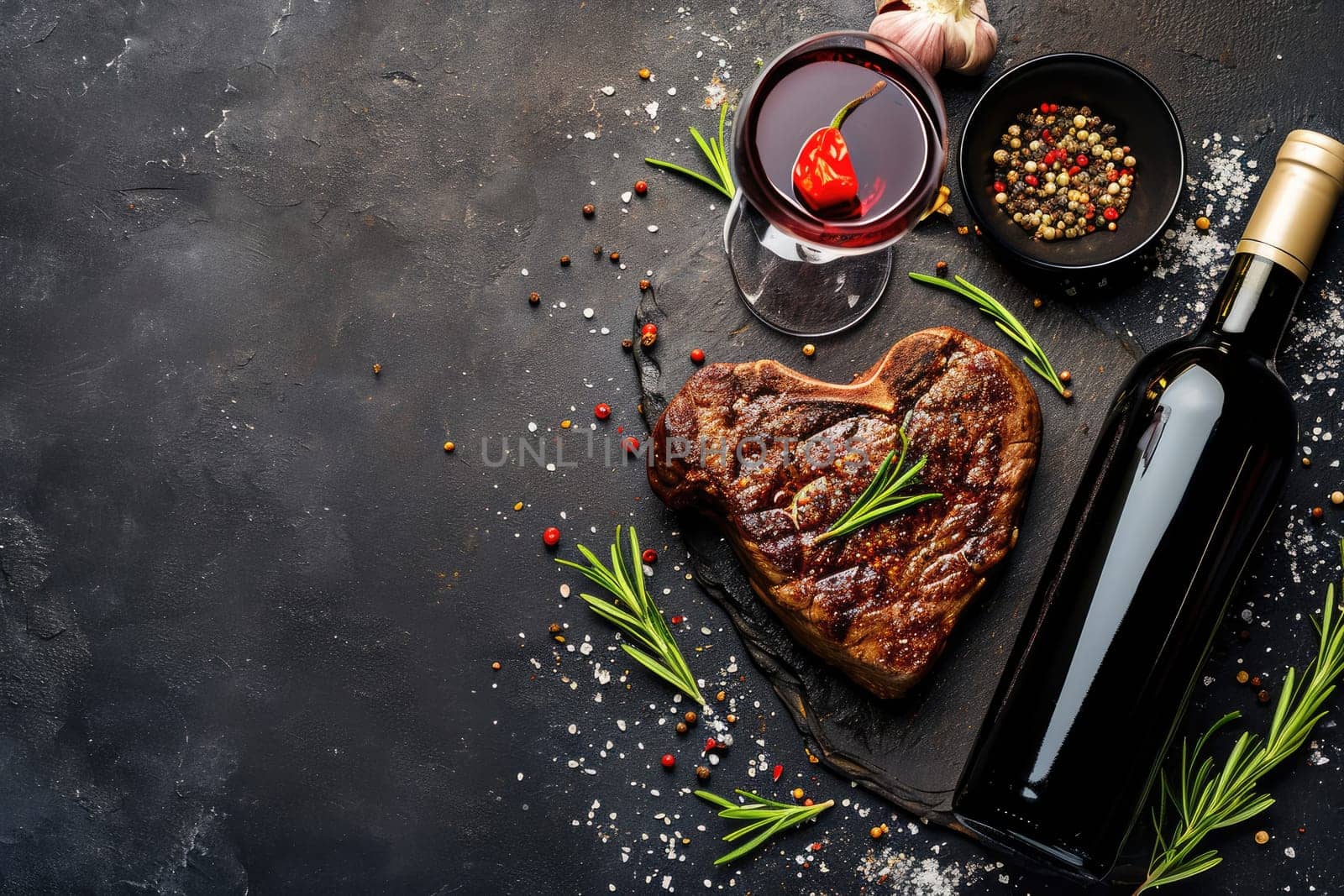 grilled beef steak for valentines day pragma in black background