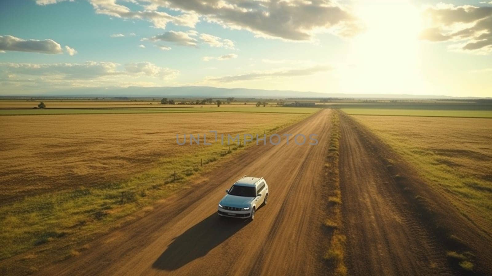 Aerial view of cars driving on country autumn road. Drone shot flying over rural road. High quality photo