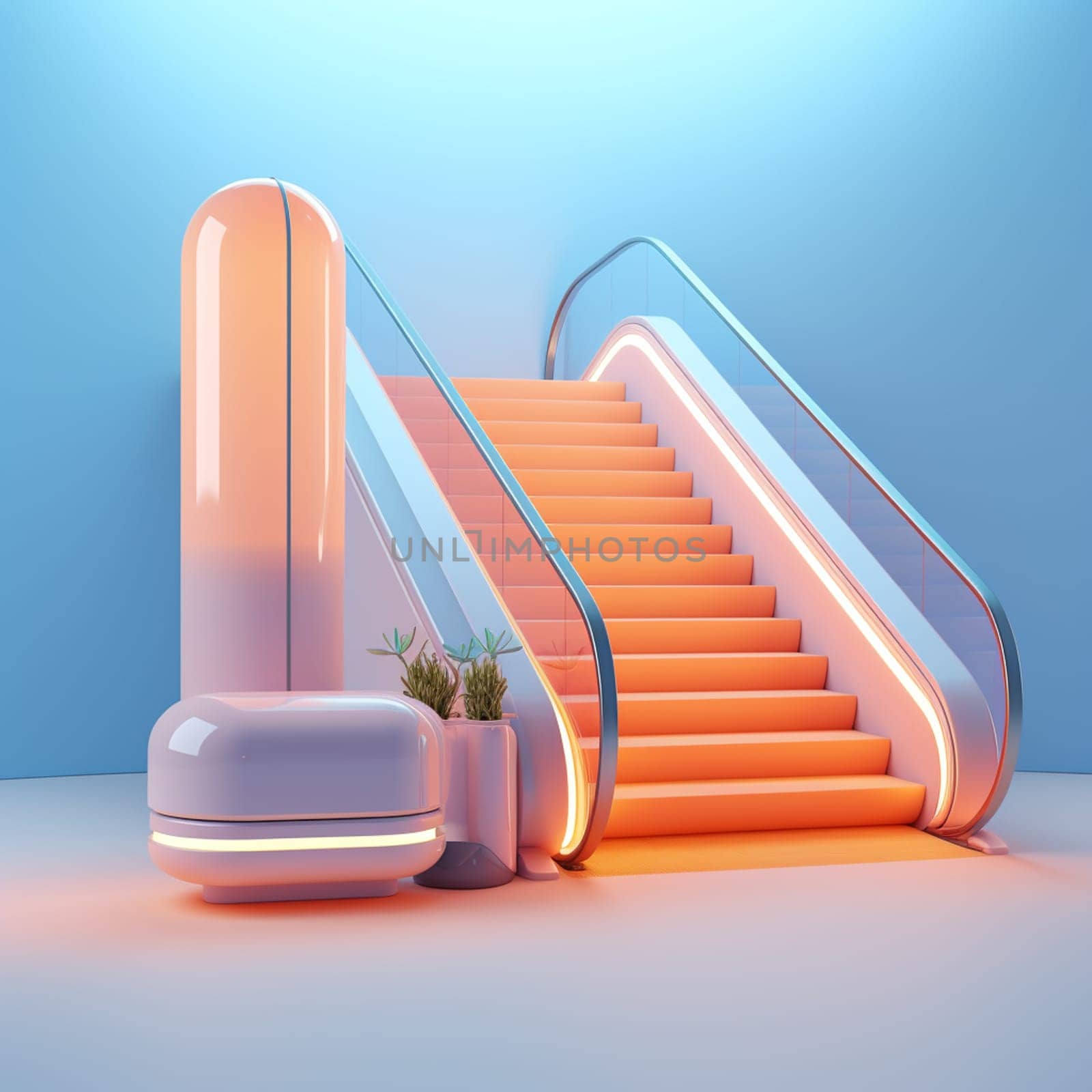 Photo of modern escalator, stairway in office building, indoors architecture, contemporary expensive design of staircase, fast move to go down, airport exit, subway station, motion up. High quality photo