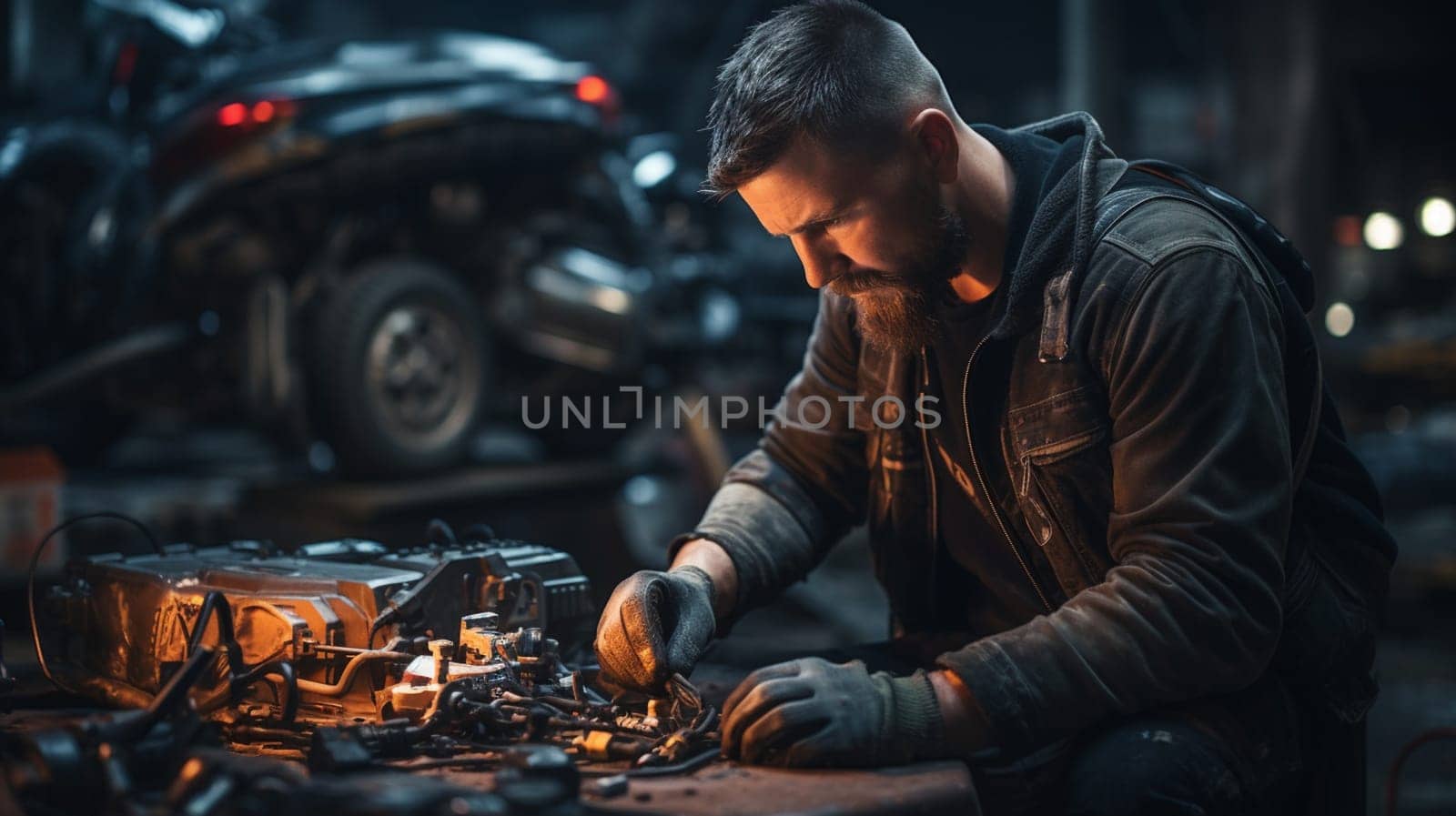 repairman mechanic at car repairing work using a tool. High quality photo