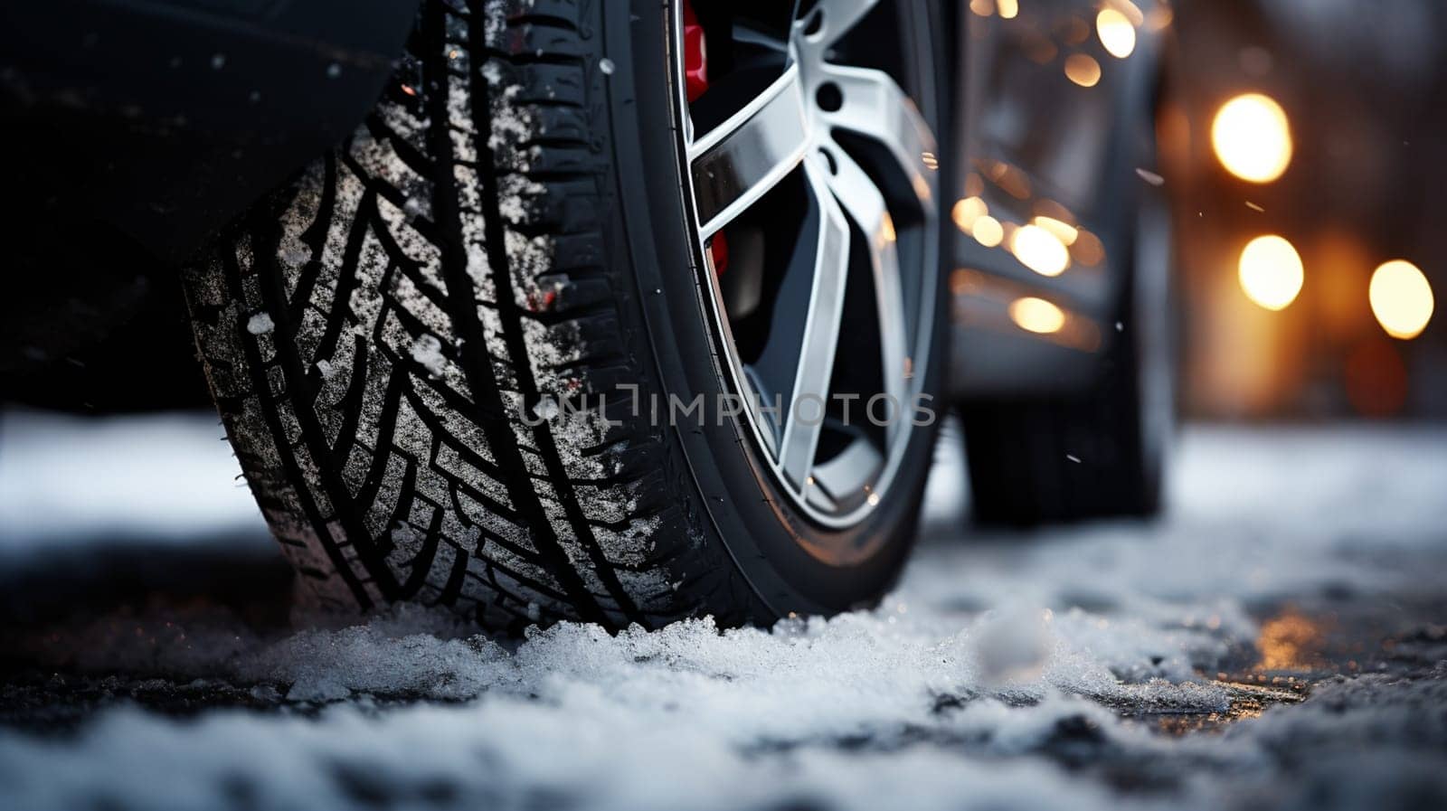 Closeup view of the car's wheel on the snowy road in natural park. High quality photo