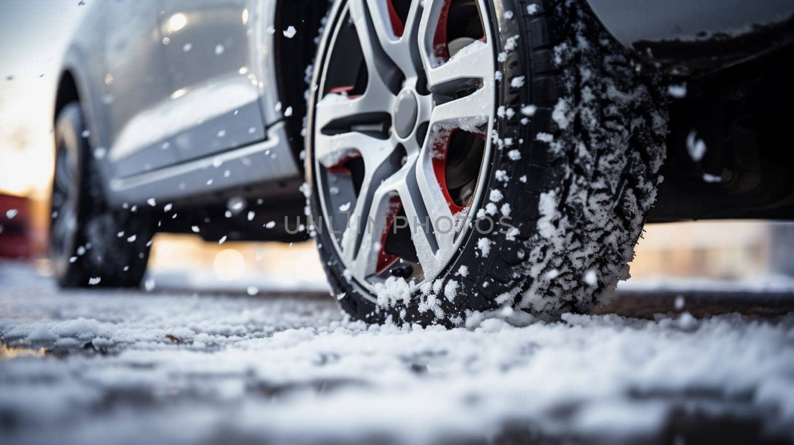 Closeup view of the car's wheel on the snowy road in natural park by Andelov13