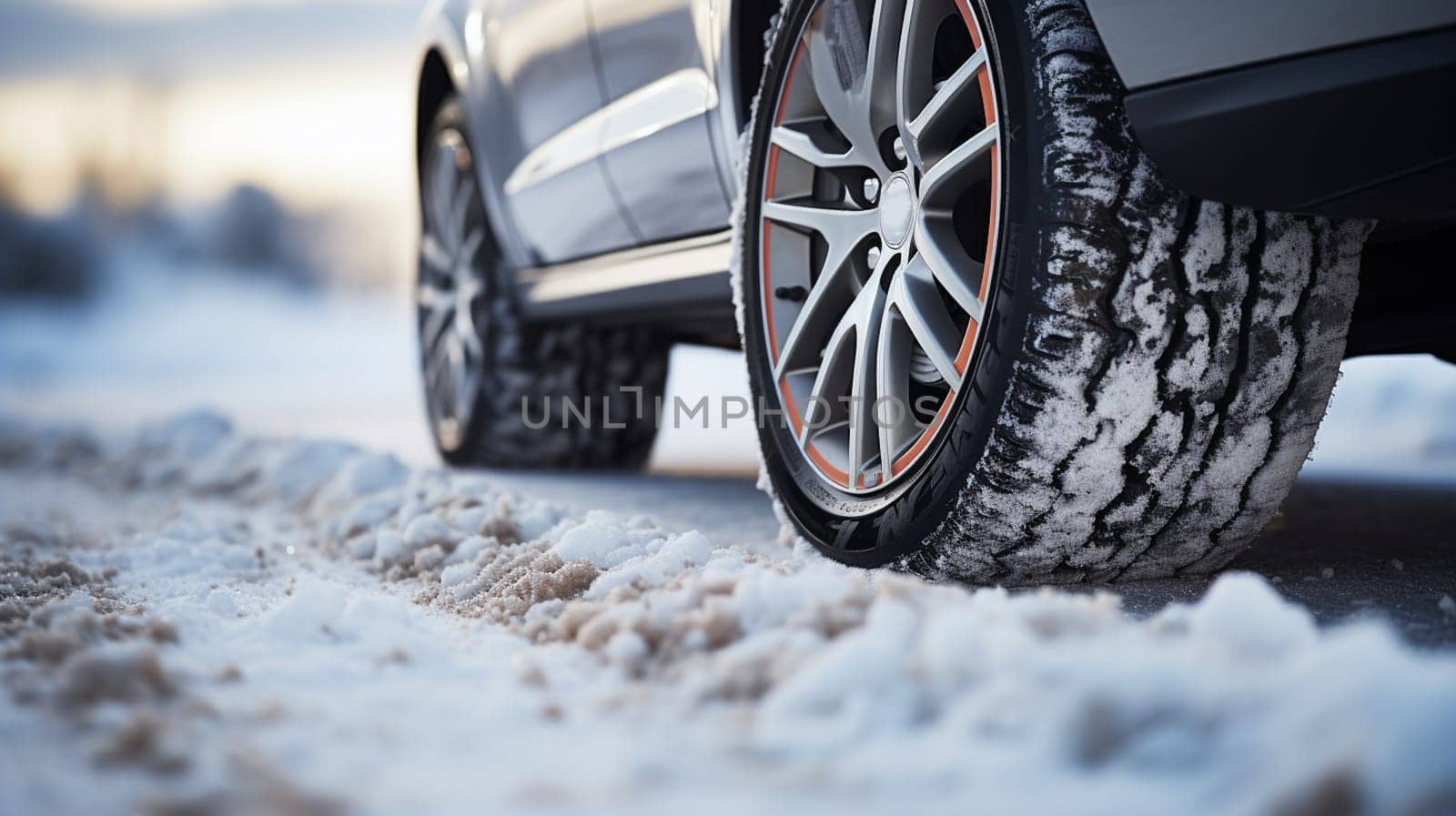 Winter tire. Detail of car tires in winter on the road covered with snow. by Andelov13