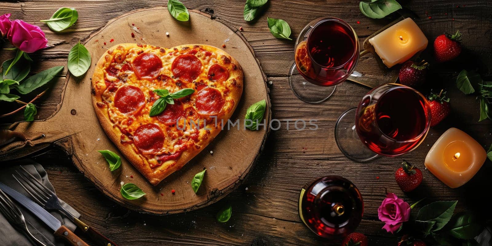 Heart shaped pizza for Valentines day on wooden background pragma by biancoblue
