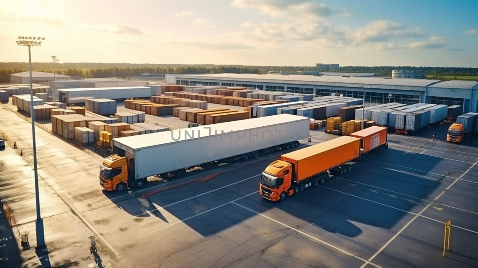 Logistics park with warehouse, loading hub and many semi trucks with cargo trailers standing at the ramps for load unload goods at sunset. . High quality photo