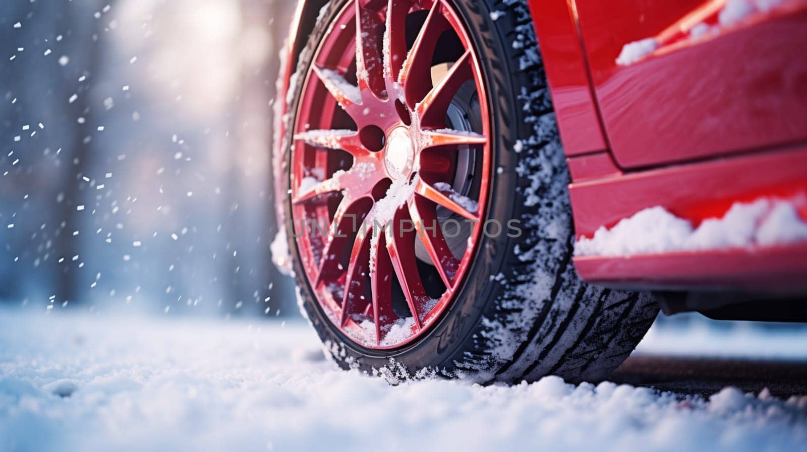 Studded snow tires on the car at winter road by Andelov13