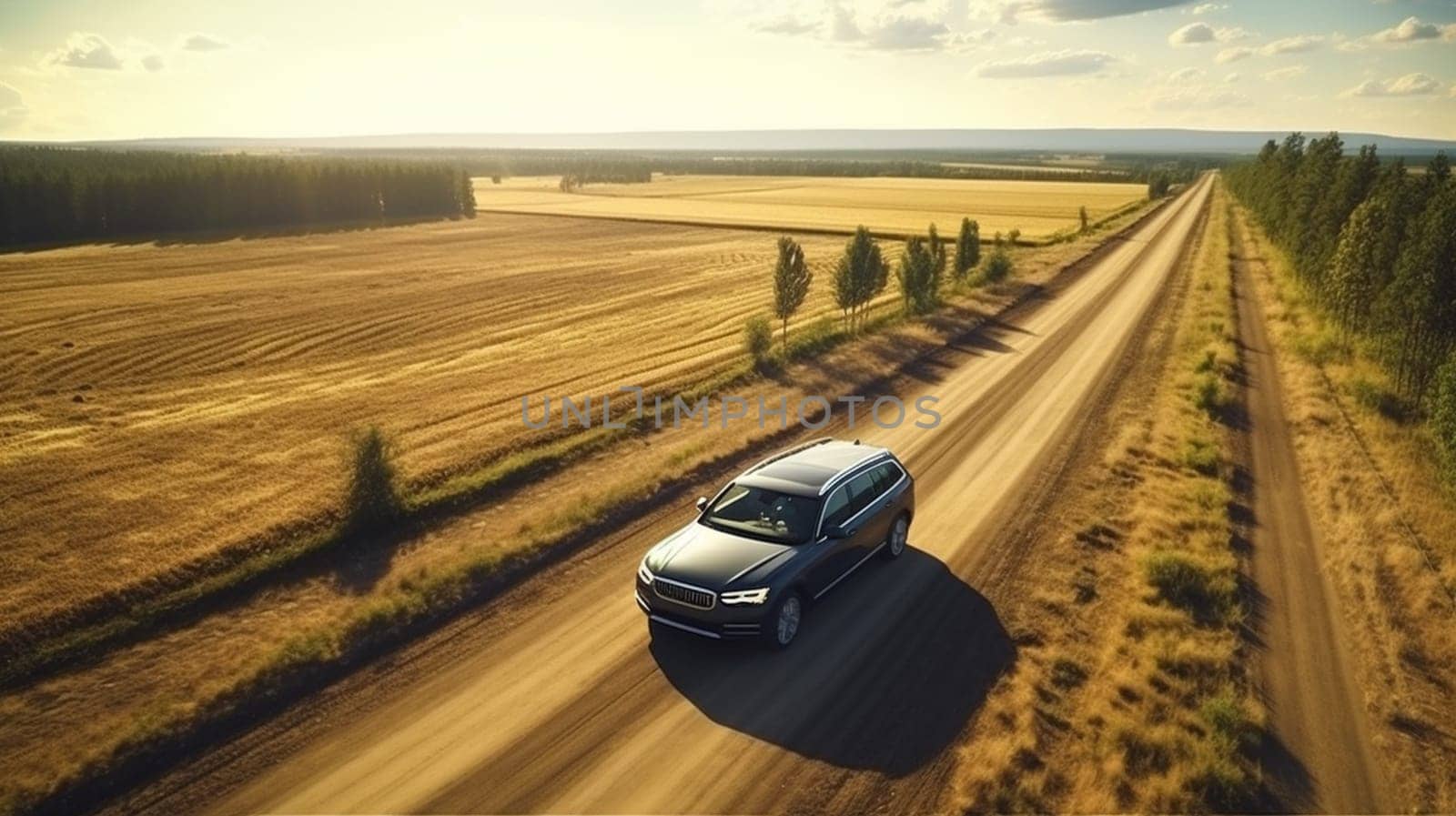 Aerial view of cars driving on country autumn road. Drone shot flying over rural road by Andelov13