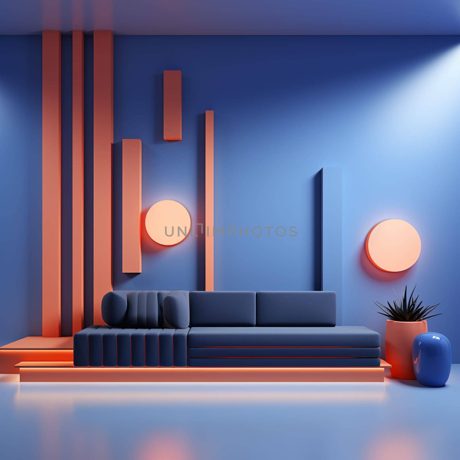 Abstract architectural white interior of a minimalist house with color gradient neon lighting. 3D illustration and rendering. High quality photo