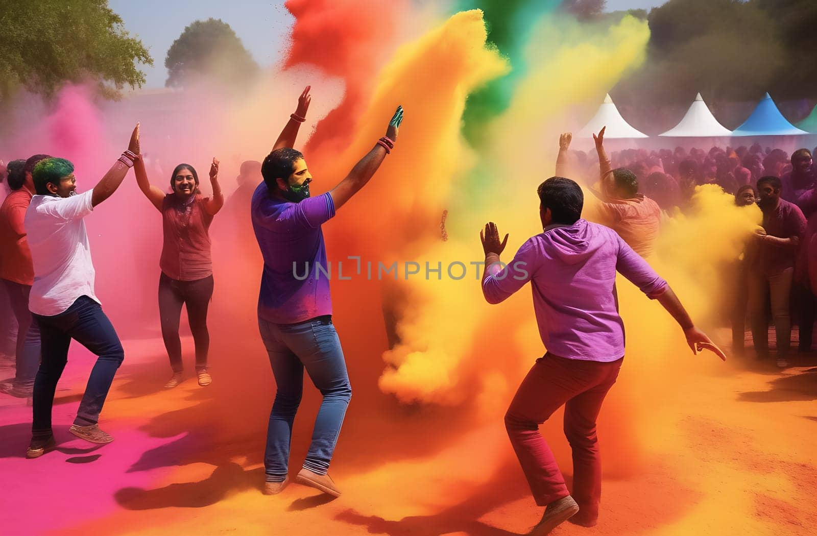 Holi Festival, participants celebrate by throwing colored powders and water at each other, dancing to traditional music during the festival of music and colors by claire_lucia