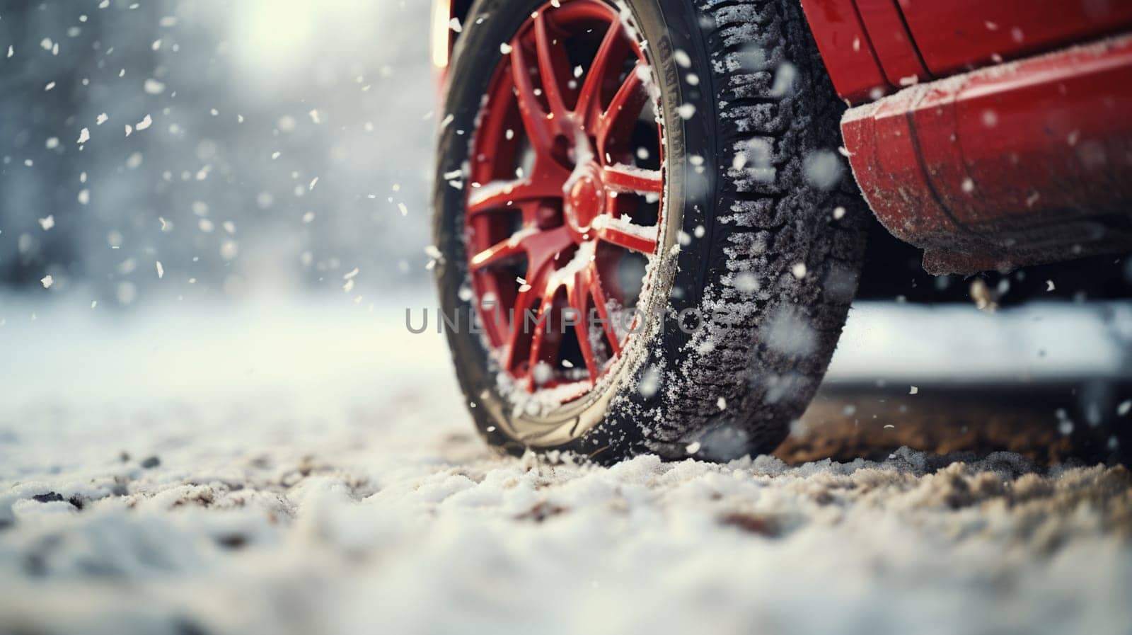 Winter tire. Detail of car tires in winter on the road covered with snow. High quality photo