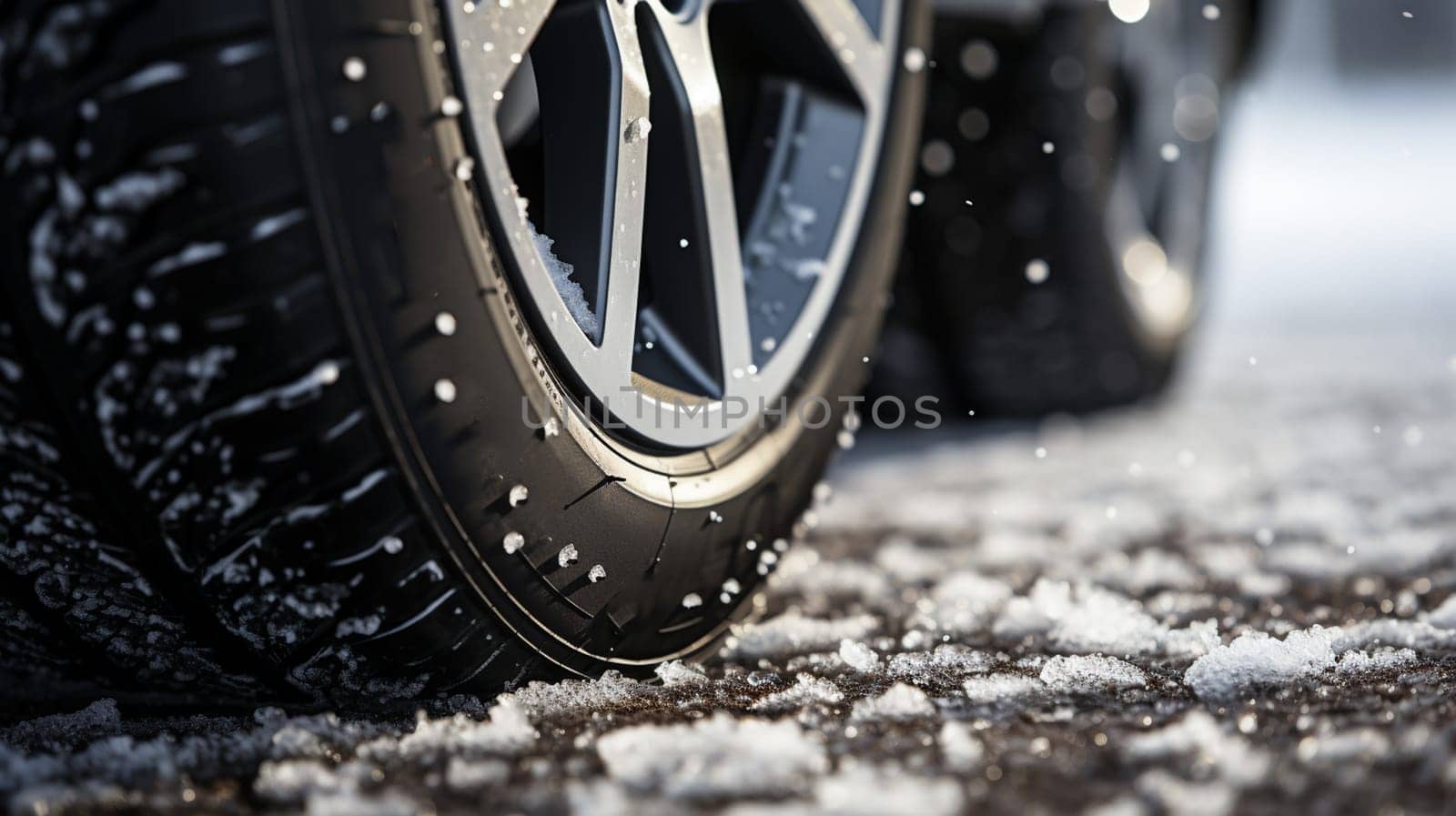 Studded snow tires on the car at winter road. High quality photo