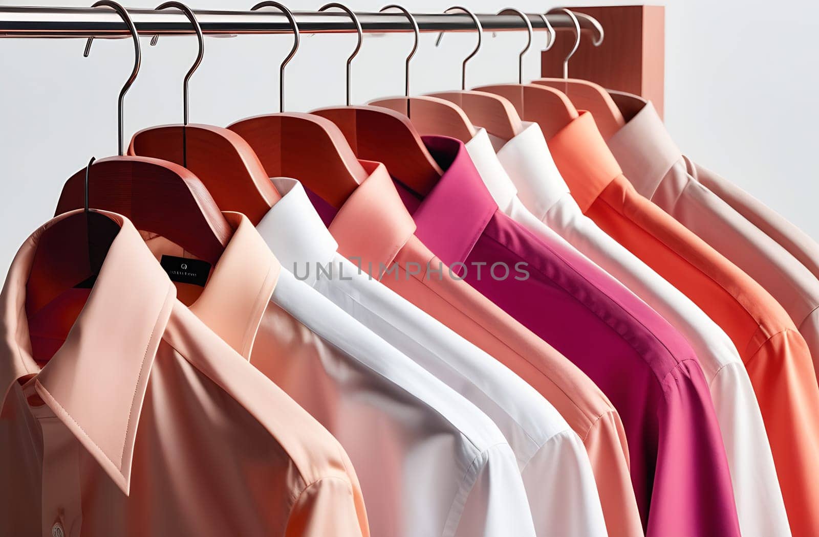 Men's shirts hanging in a row on a hanger, close-up, clothing and fashion concept.