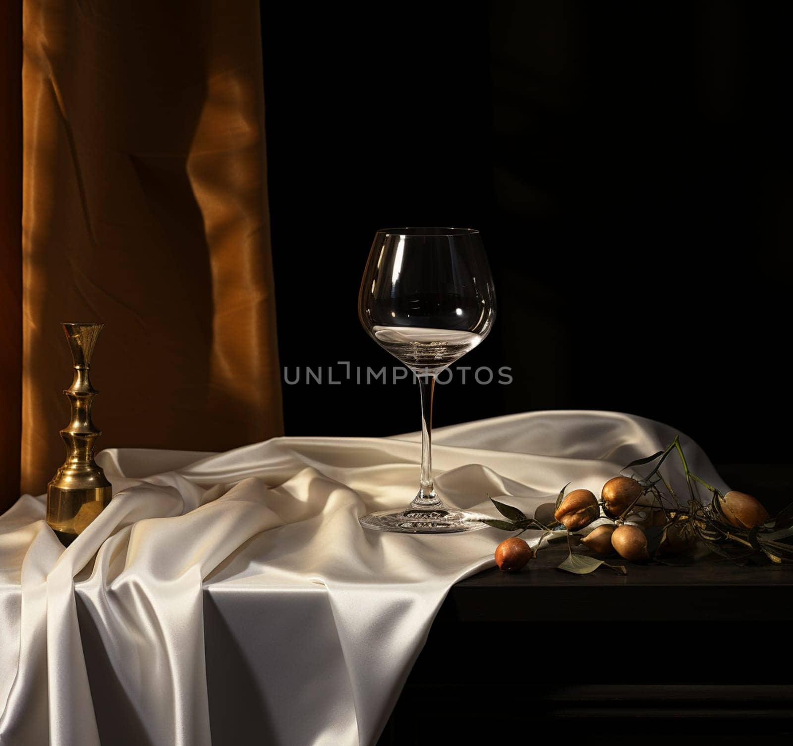 transparent glass, a wine glass of wine and a candle on a background of silk drapery. High quality photo