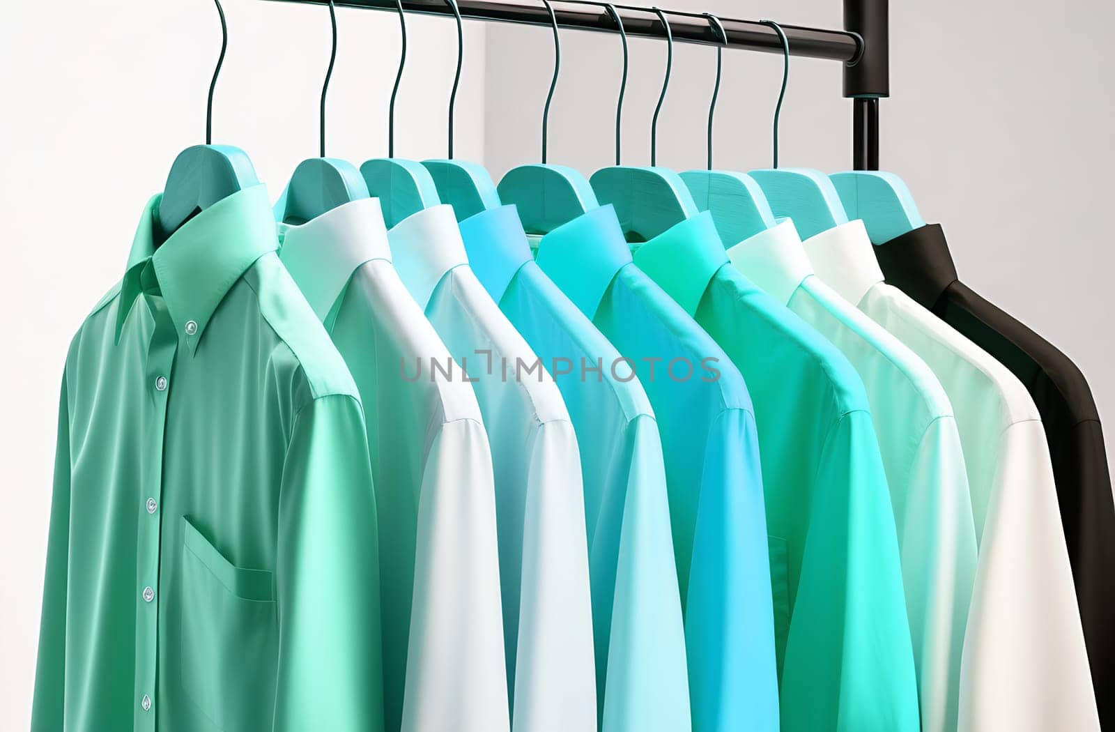 Men's shirts hanging in a row on a hanger, close-up, clothing and fashion concept by claire_lucia