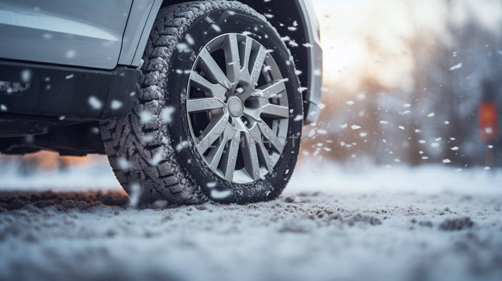 Closeup view of the car's wheel on the snowy road in natural park. High quality photo