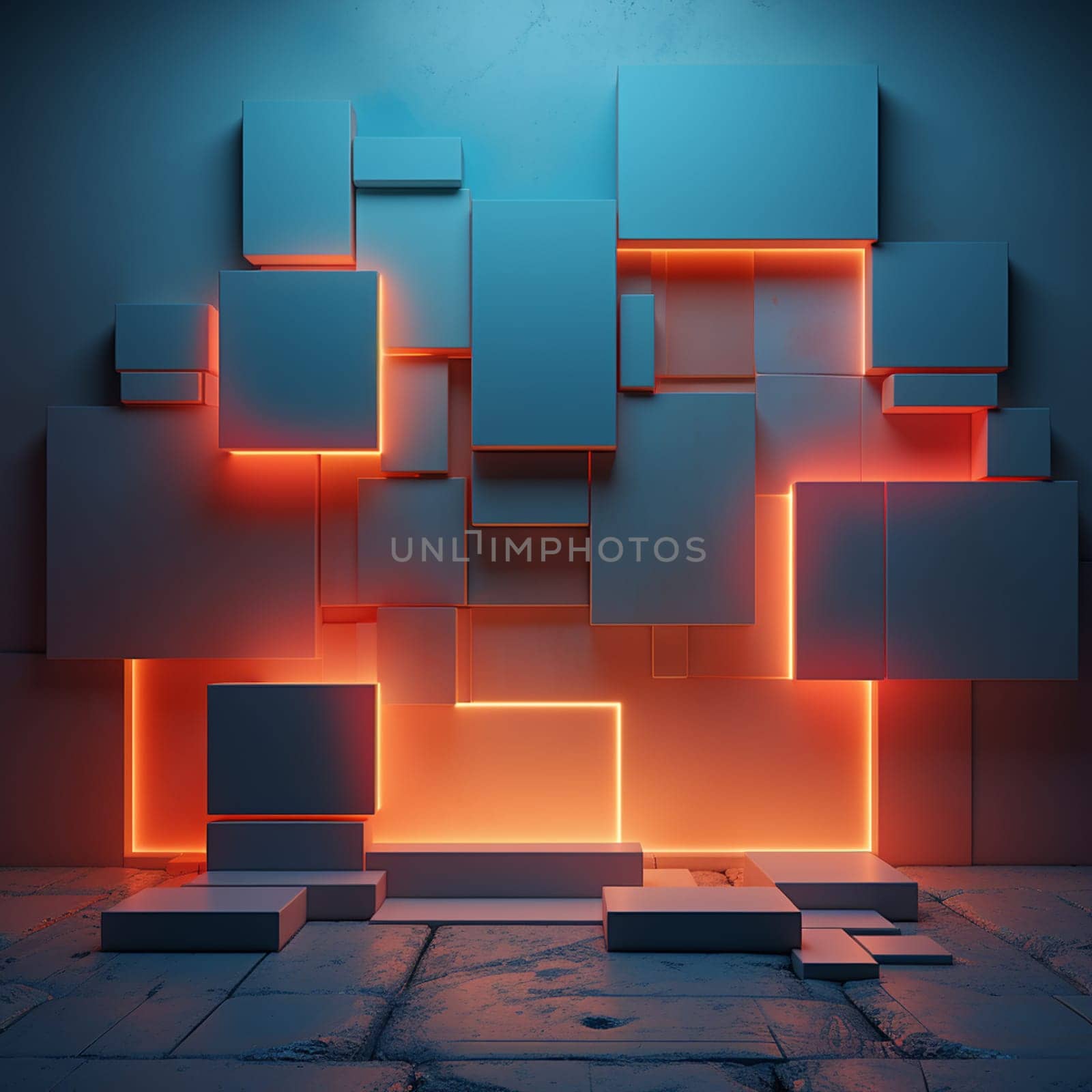 Background of empty stage show. Neon light and laser show. Laser futuristic shapes on a dark background. Abstract dark background with neon glow. High quality photo