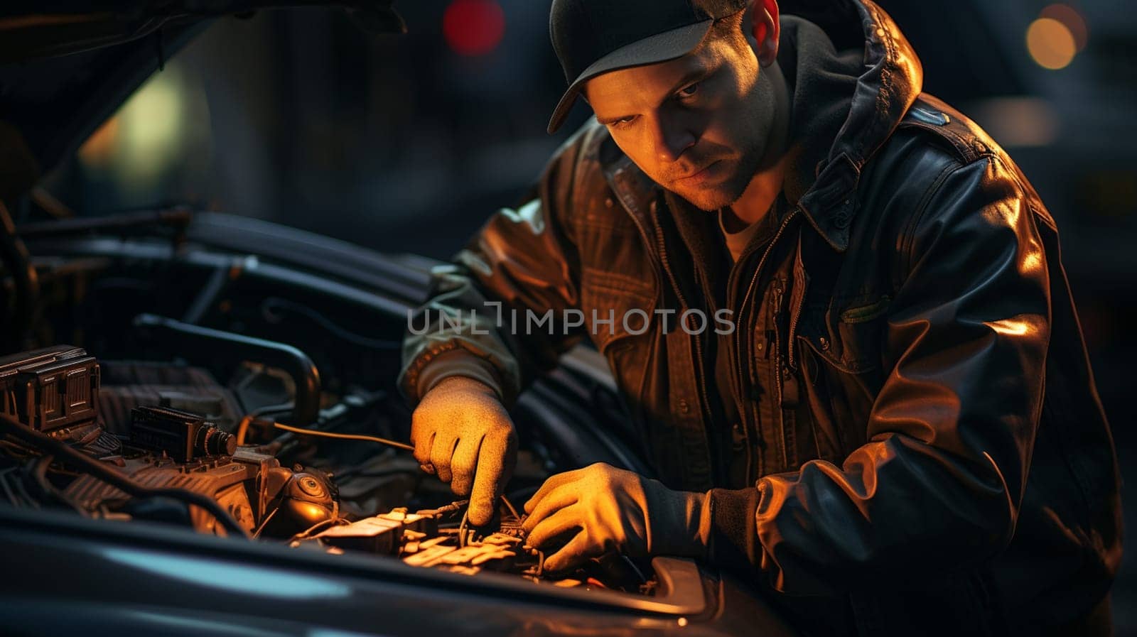 repairman mechanic at car repairing work using a tool. High quality photo