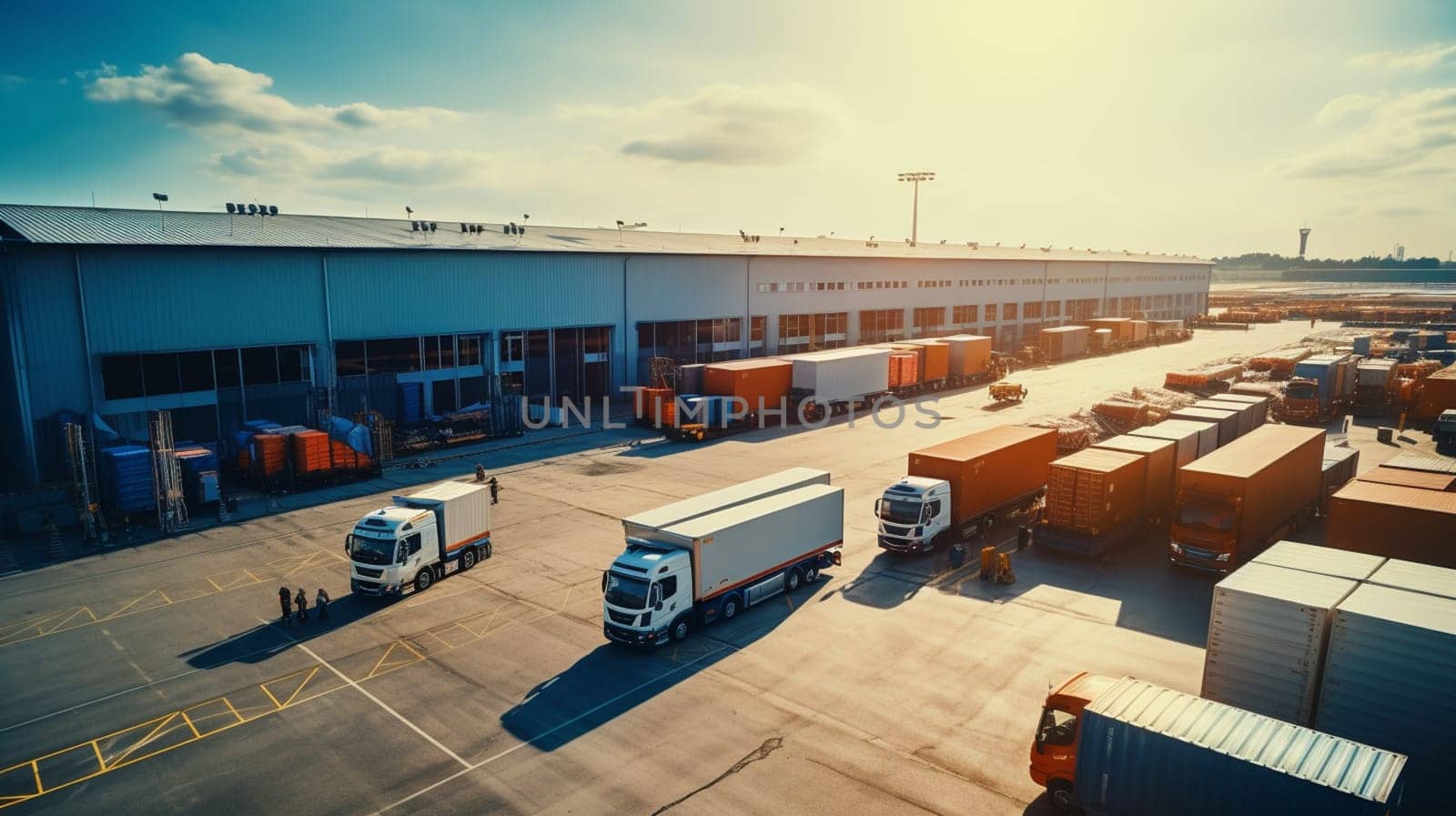Logistics park with warehouse, loading hub and many semi trucks with cargo trailers standing at the ramps for load unload goods at sunset. . High quality photo