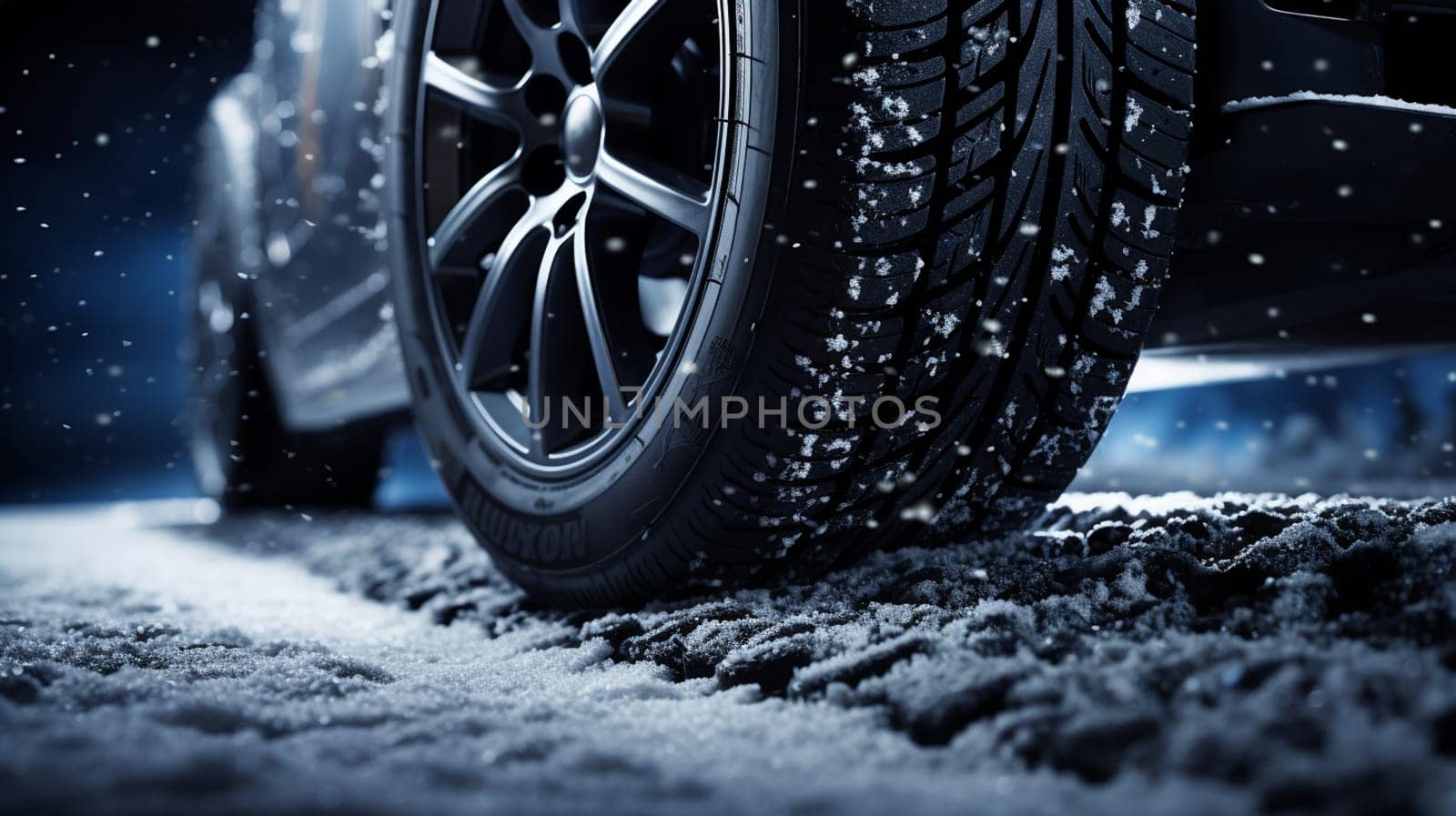 Studded snow tires on the car at winter road by Andelov13