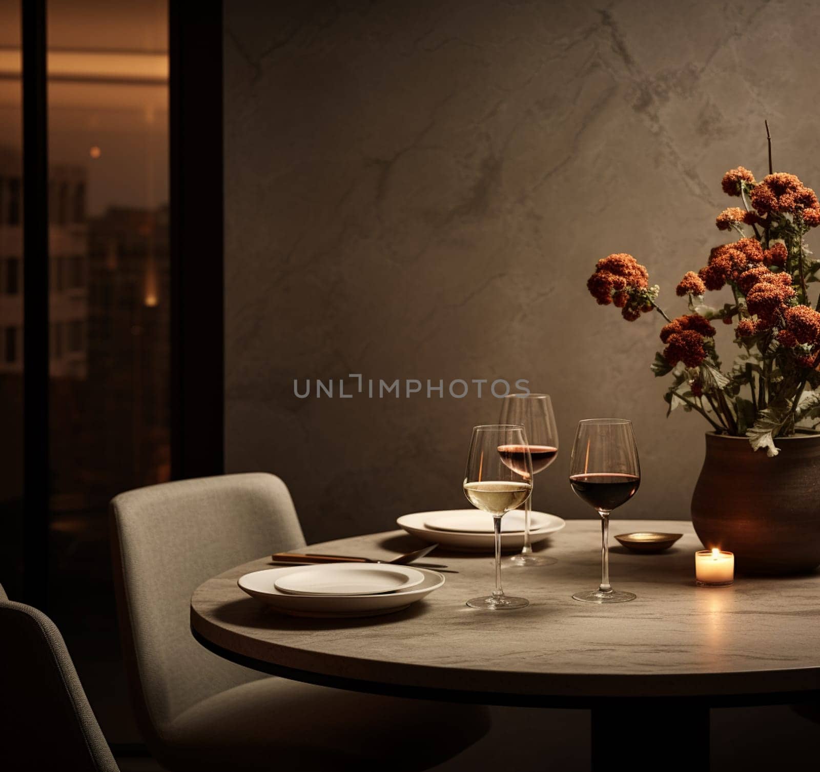 wine glasses on a table in a restaurant by Andelov13