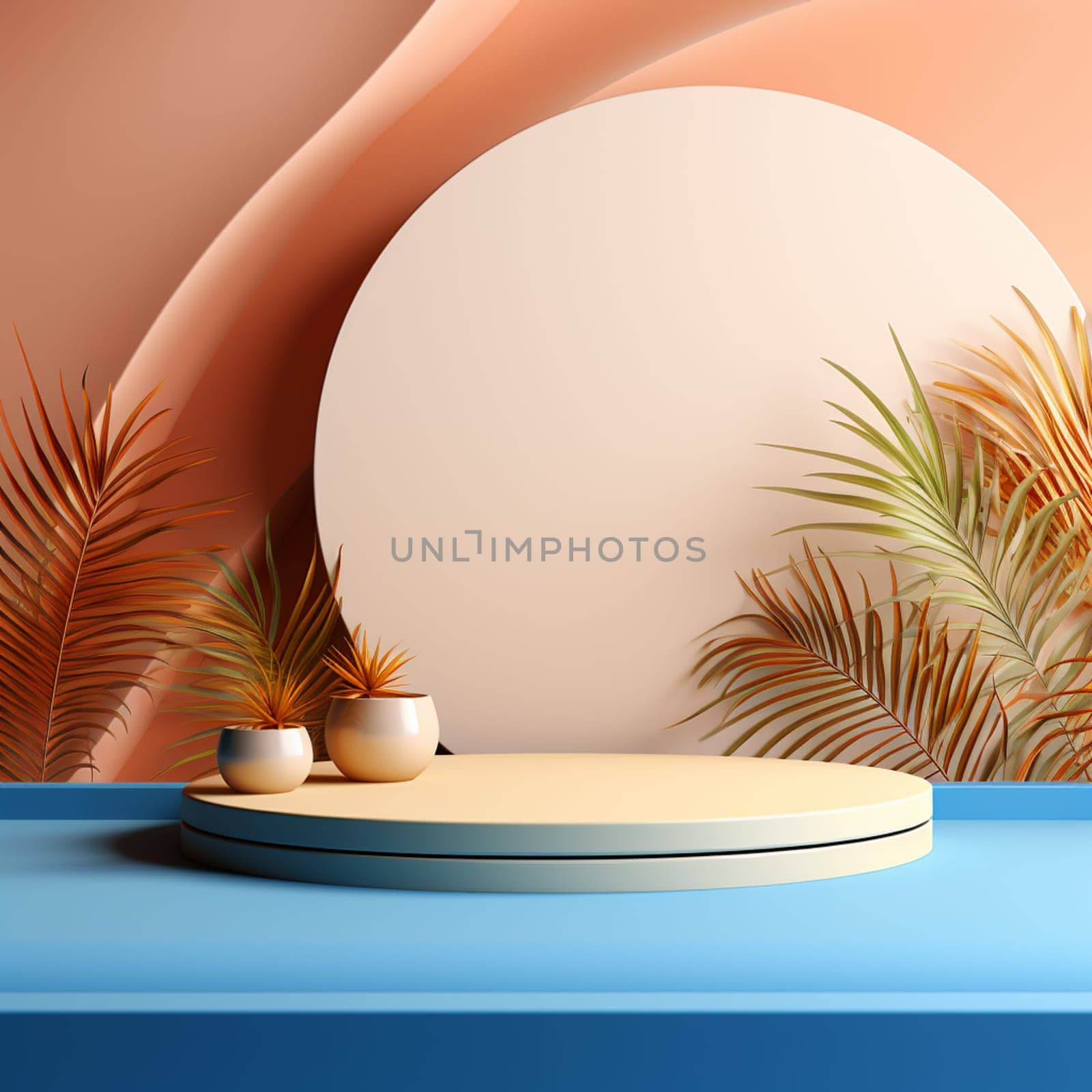 podium with rounded wood on green room for product presentation. 3d illustration by Andelov13
