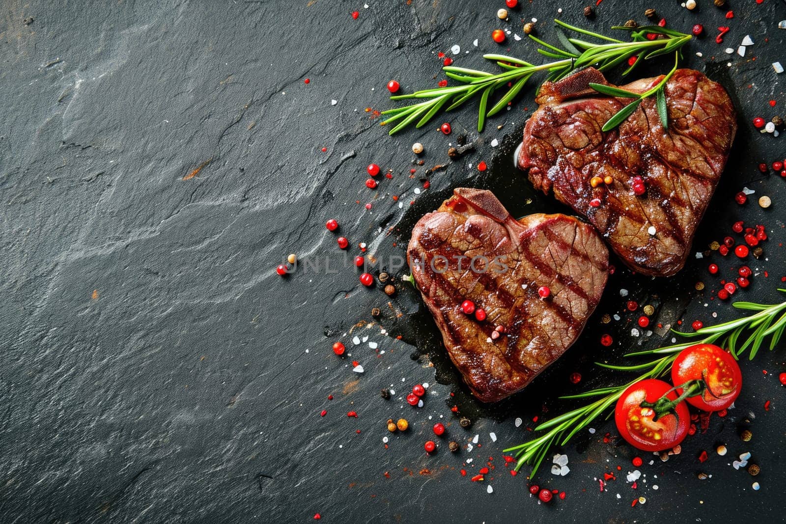 grilled beef steak for valentines day pragma in black background