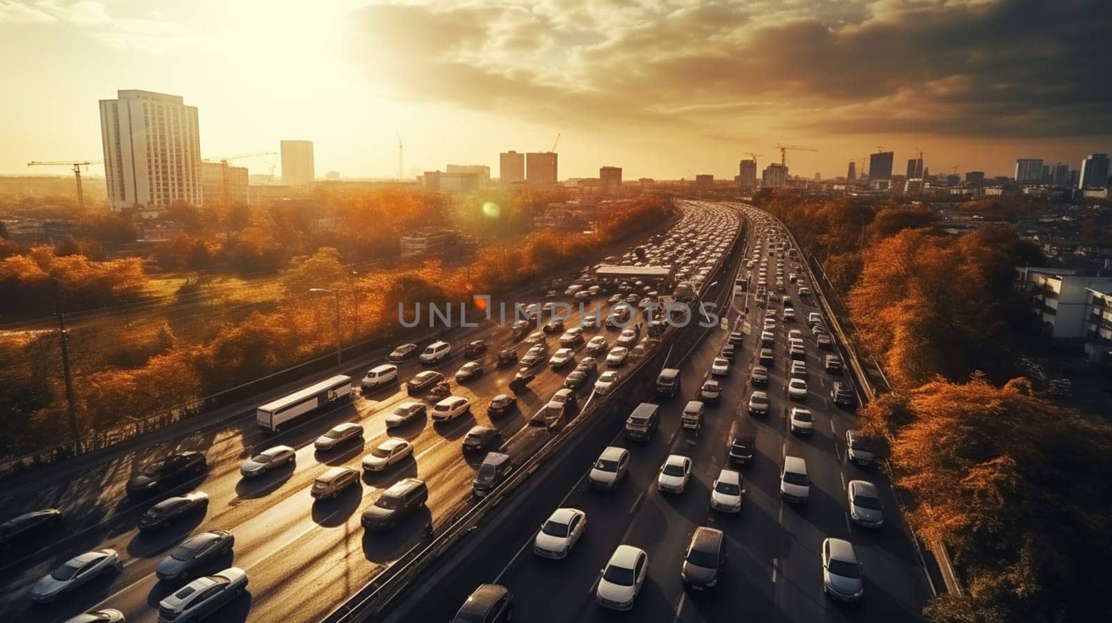 Car traffic against the sunset background. High quality photo