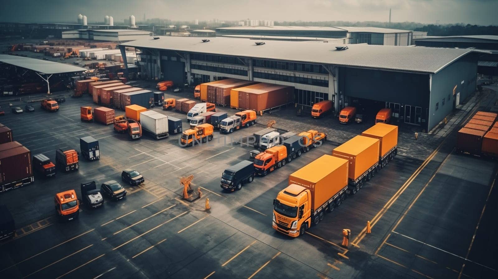 Logistics park with warehouse, loading hub and many semi trucks with cargo trailers standing at the ramps for load unload goods at sunset. by Andelov13