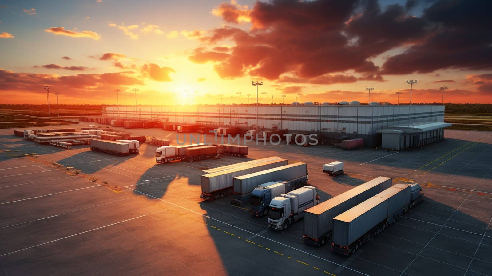 Logistics and transportation of Container Cargo ship and Cargo plane with working crane bridge in shipyard at sunrise, logistic import export and transport industry background. High quality photo