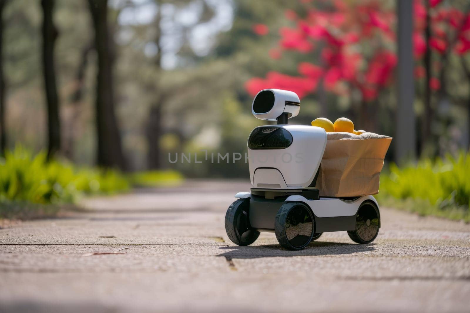 Food delivery robot delivers bag full with groceries to home