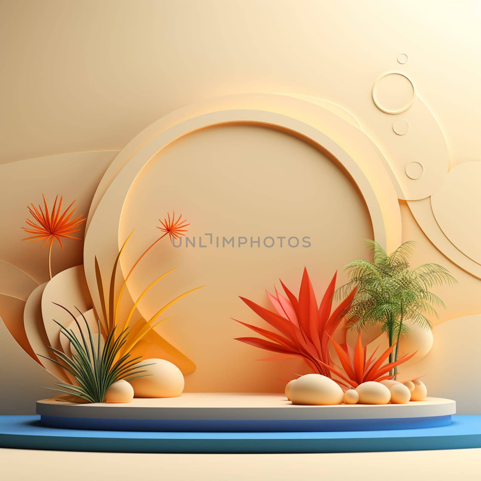 podium with rounded wood on green room for product presentation. 3d illustration by Andelov13