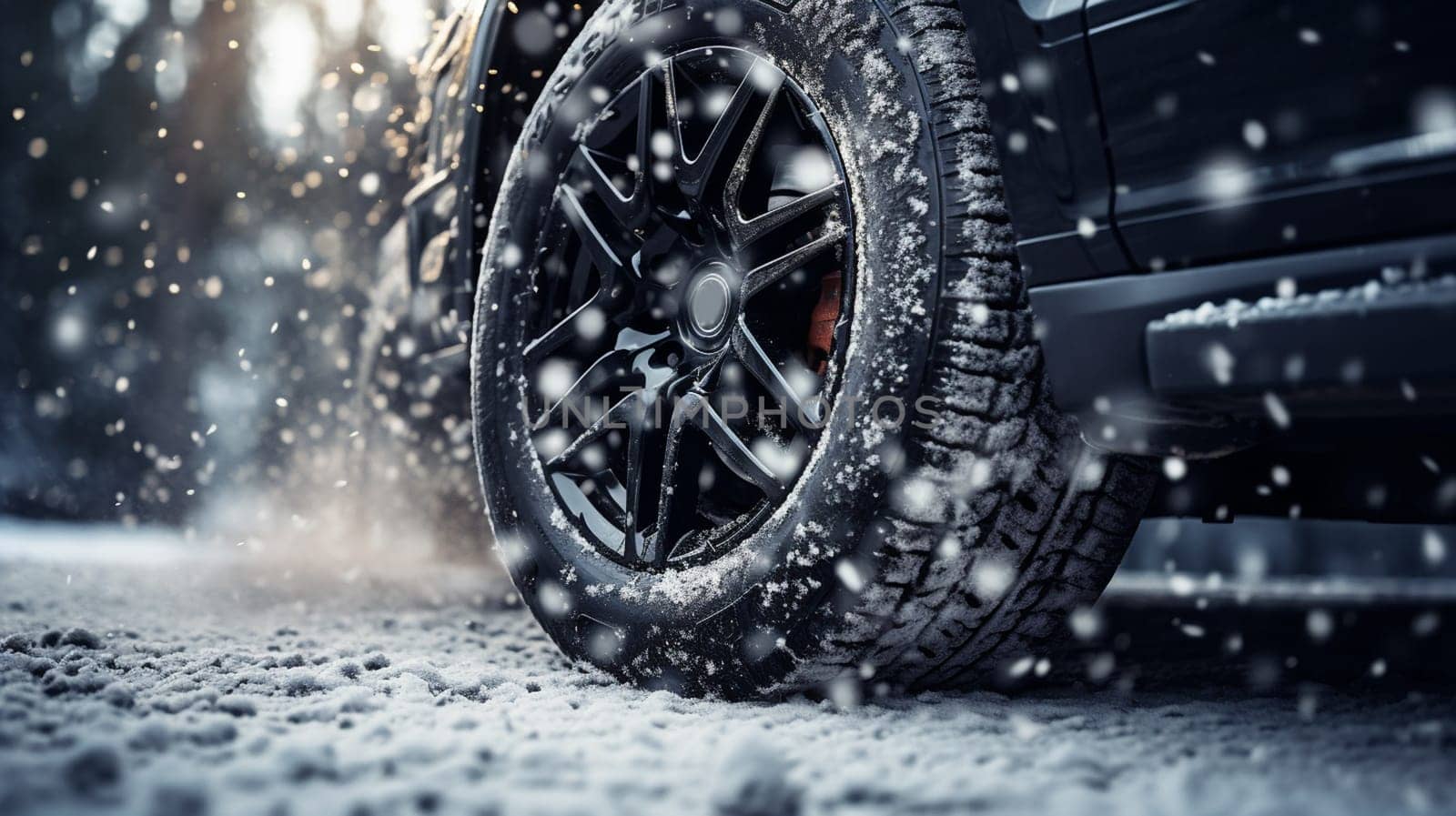 Studded snow tires on the car at winter road. High quality photo