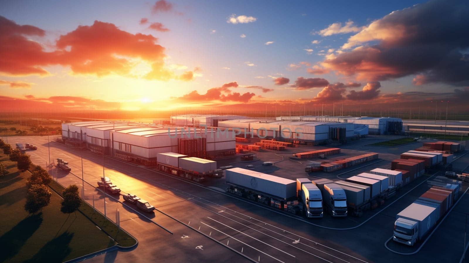 Logistics park with warehouse, loading hub and many semi trucks with cargo trailers standing at the ramps for load unload goods at sunset. by Andelov13