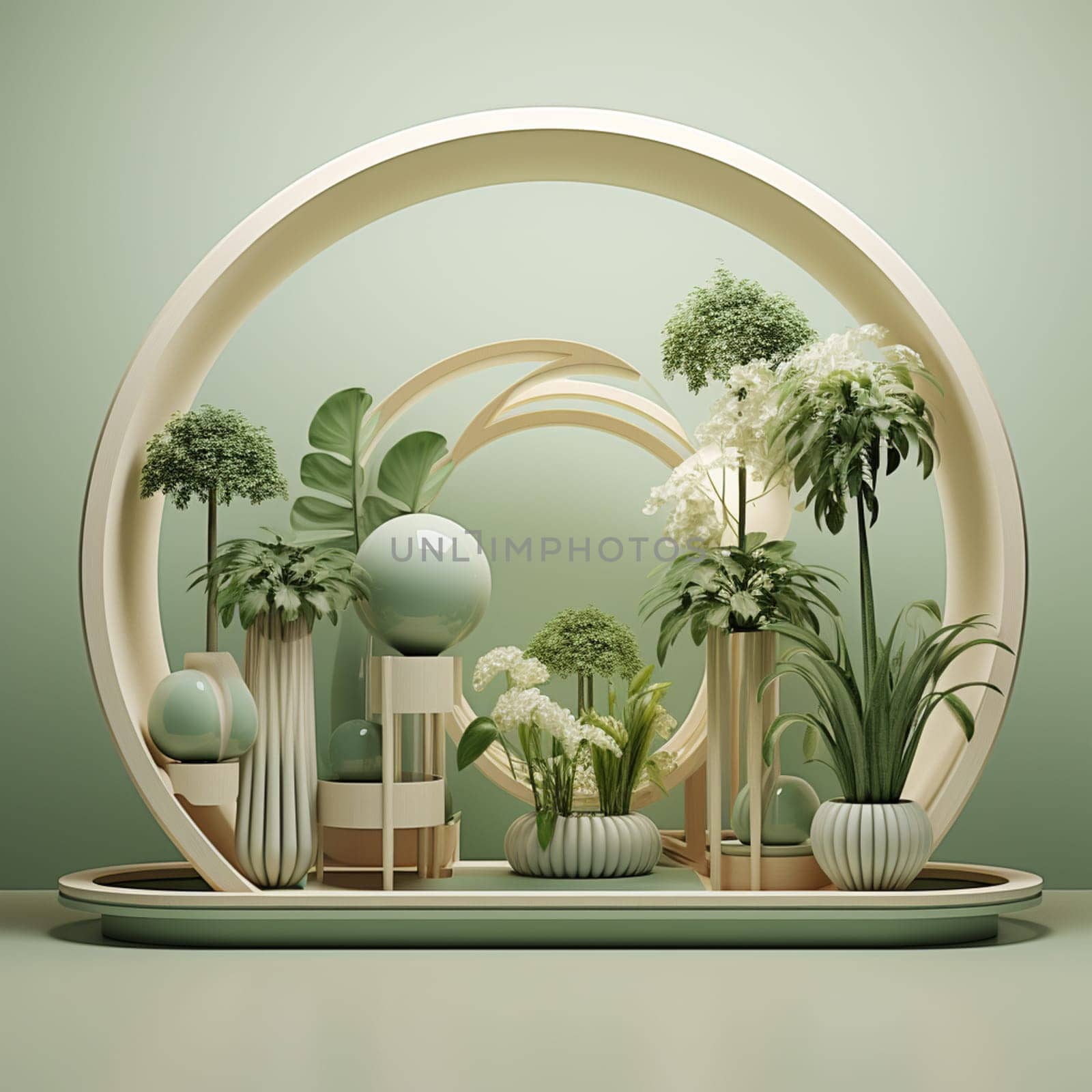 3d background with a pedestal. Round frame made of gold with flowers. Minimalistic realistic image of an empty podium for displaying cosmetic products. 3D illustration. High quality photo