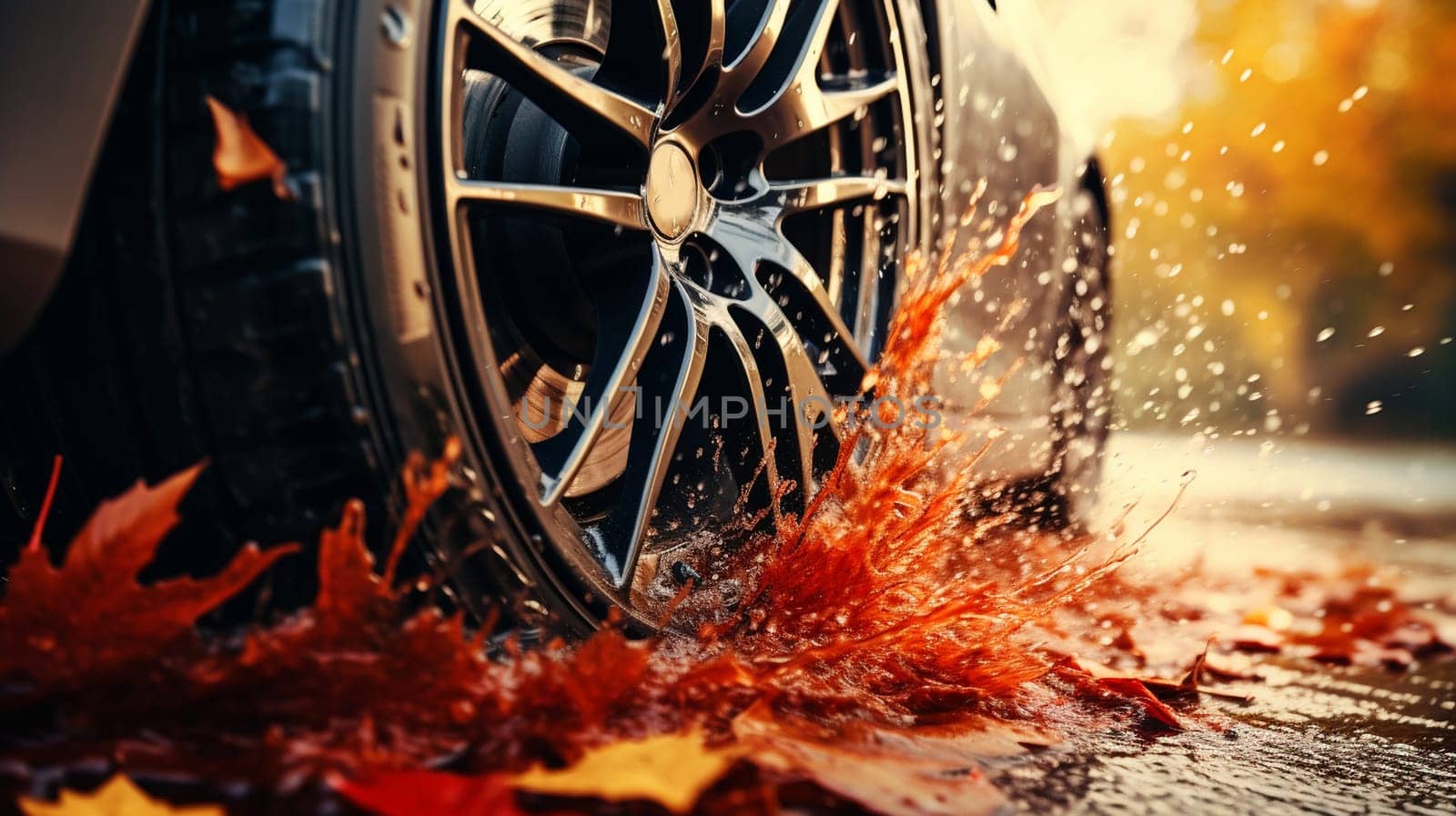 Sports car driven on rainy roads close up on a wheel with motion blur effect by Andelov13