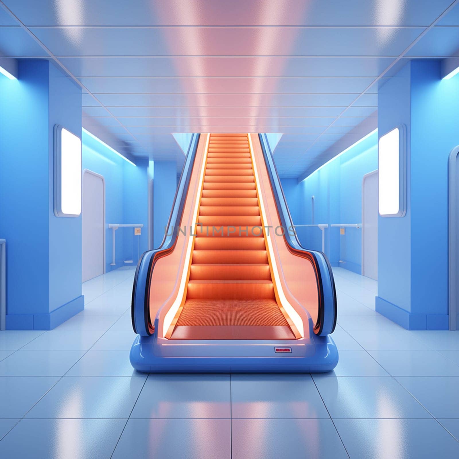 Photo of modern escalator, stairway in office building, indoors architecture, contemporary expensive design of staircase, fast move to go down, airport exit, subway station, motion up by Andelov13