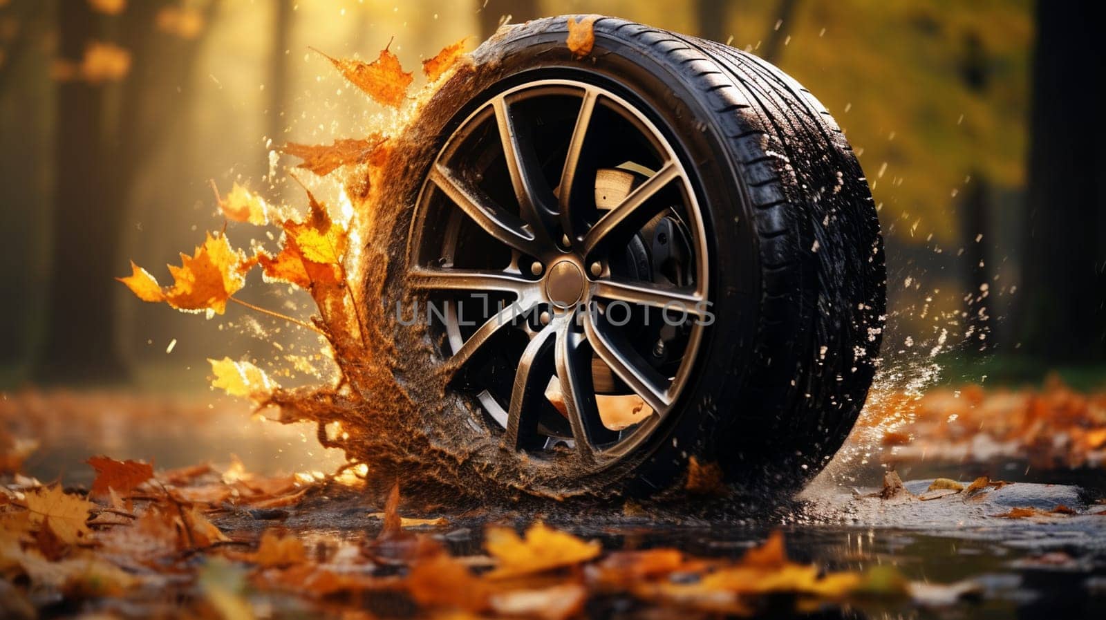 autumn leaves on a car tyre on the street. High quality photo
