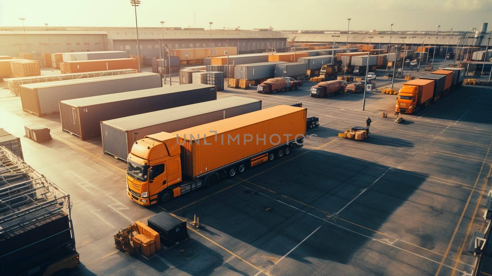 Aerial view of trucks loading in the logistics center by Andelov13