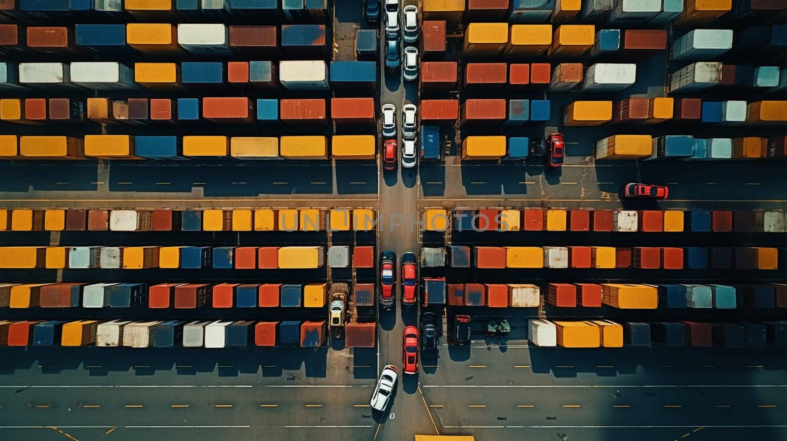Top view aerial photo of stack of freight containers in rows at the shipyard. Big harbor with anchored track vehicles. Global Logistics Shipping industry. Export and Import transportation services by Andelov13