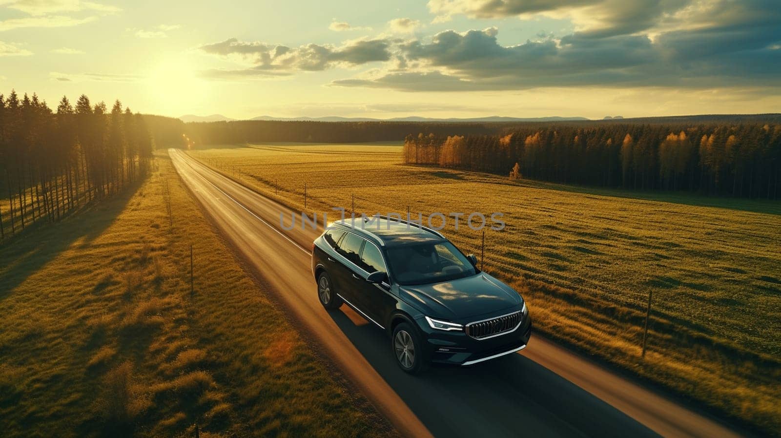 Aerial view of cars driving on country autumn road. Drone shot flying over rural road by Andelov13